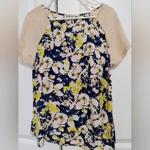 Floral Navy Mixed-Media Blouse with Beige Sleeves